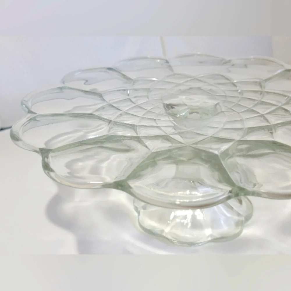 Vintage Pedestal Cake Stand L E Smith Dominion Clear Glass Scalloped Edge Design